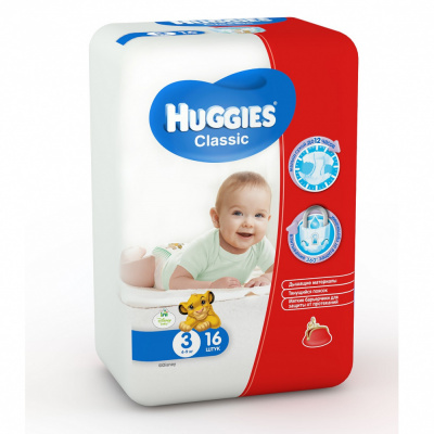 Подгузники детские huggies classic 3 16 (4-9кг) 543086*12